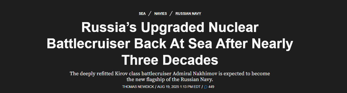 Модернизированный российский атомный крейсер вернулся в море спустя почти три десятилетия
Ожидается, что глубоко модернизированный линейный крейсер проекта «Киров» «Адмирал Нахимов» станет новым флагманом Военно-морского флота России