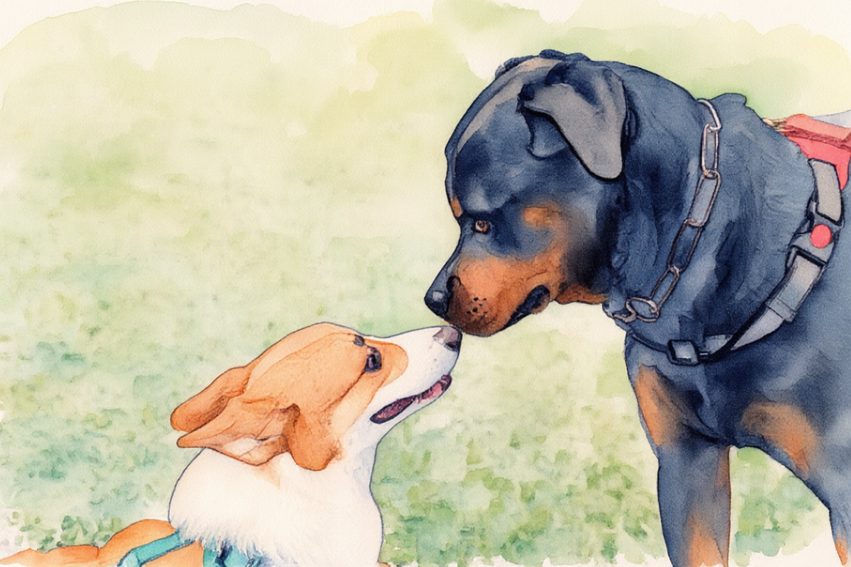 Рисунок акварели по теме социализации, на картинке ротвейлер и корги