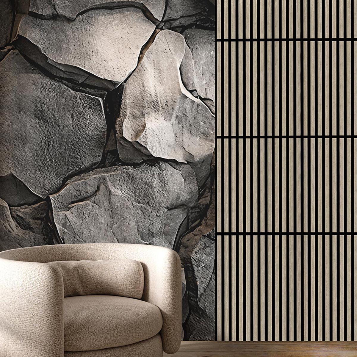 Пример оформления зоны отдыха акустическими панелями и флизелиновыми фотообоями VEROL с имитацией камня. Артикулы на WB: 333397697/350863869. 