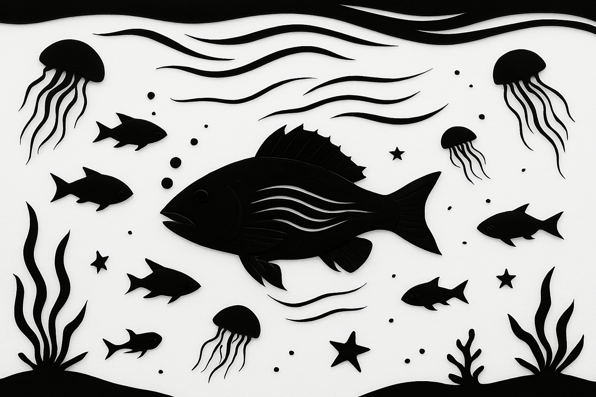 Центральная рыба-водолаз с дыхательными линиями, окружённая морскими обитателями — визуализация кожного дыхания в подводной среде