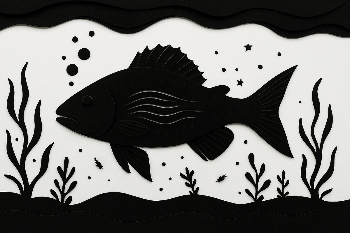 Силуэт рыбы-водолаза в водной среде, с дыхательными линиями внутри тела — визуализация её уникальной способности дышать кожей