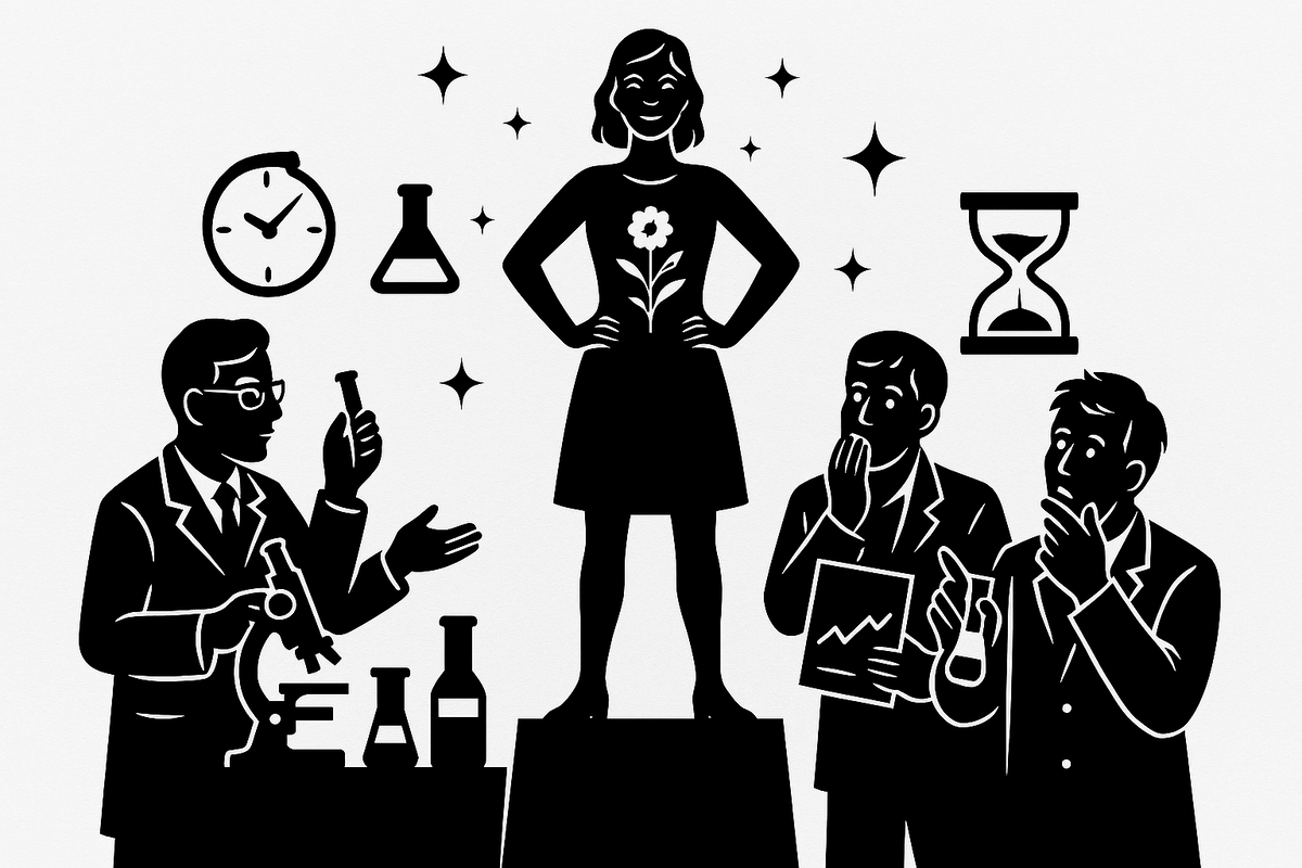 Силуэт женщины на пьедестале как символ вечной молодости, окружённой учёными, часами и научными приборами