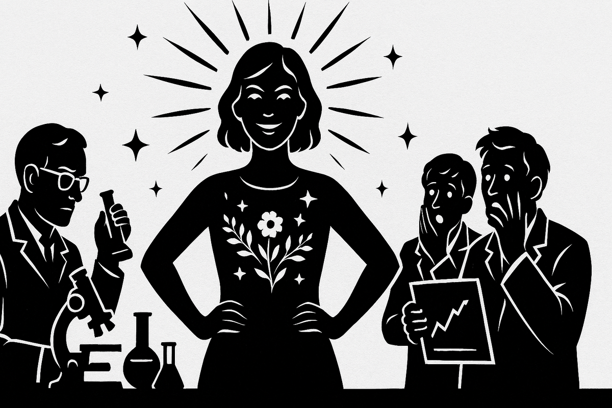 Силуэт молодой женщины, излучающей уверенность и вечную молодость, в окружении потрясённых учёных