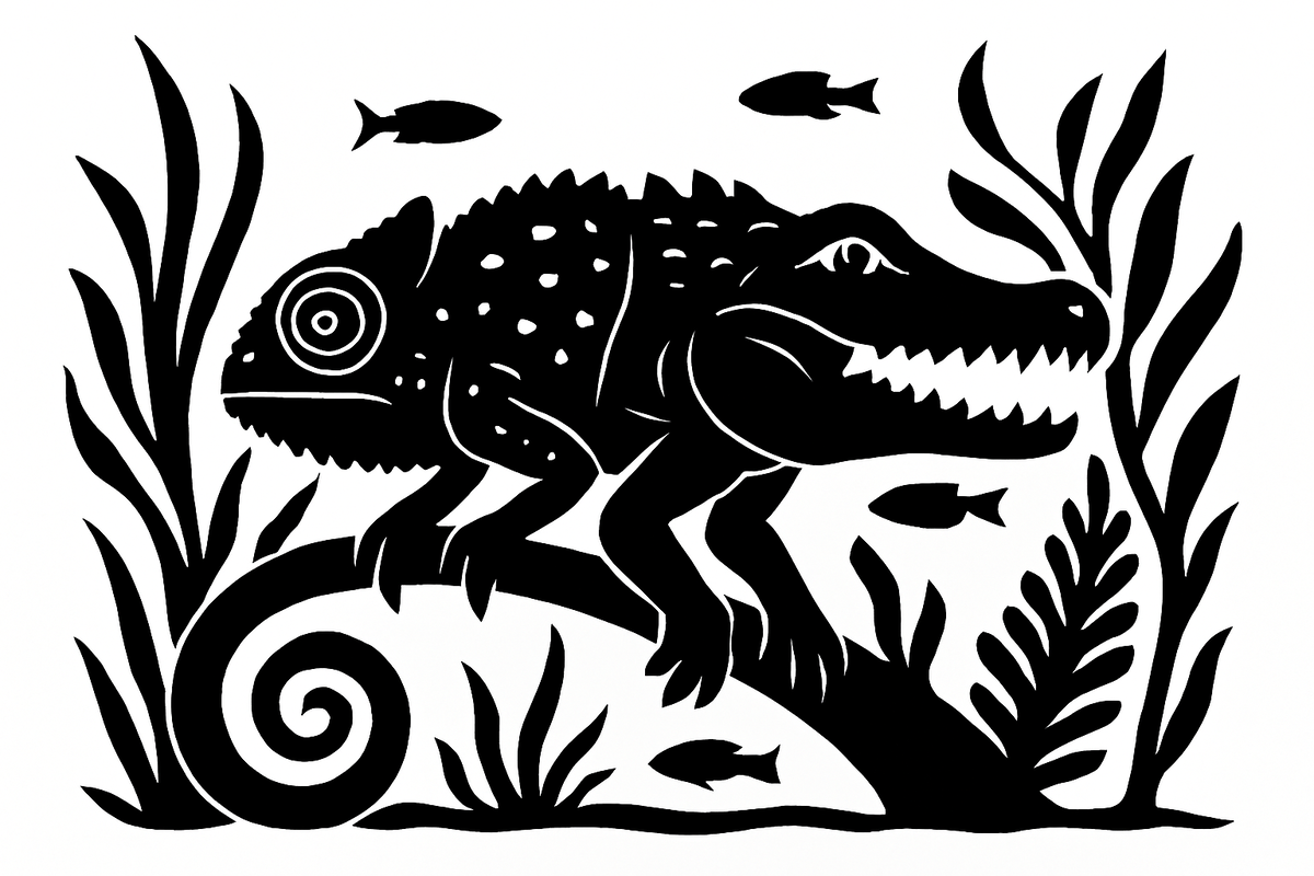 На дне реки, среди водорослей и стай мелких рыб, затаился хамелеон-аллигатор.