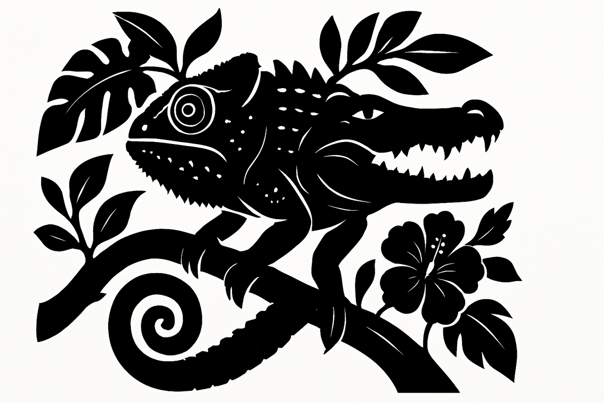 Гибрид хамелеона и аллигатора, застывший на ветке среди тропических листьев, словно тень джунглей.