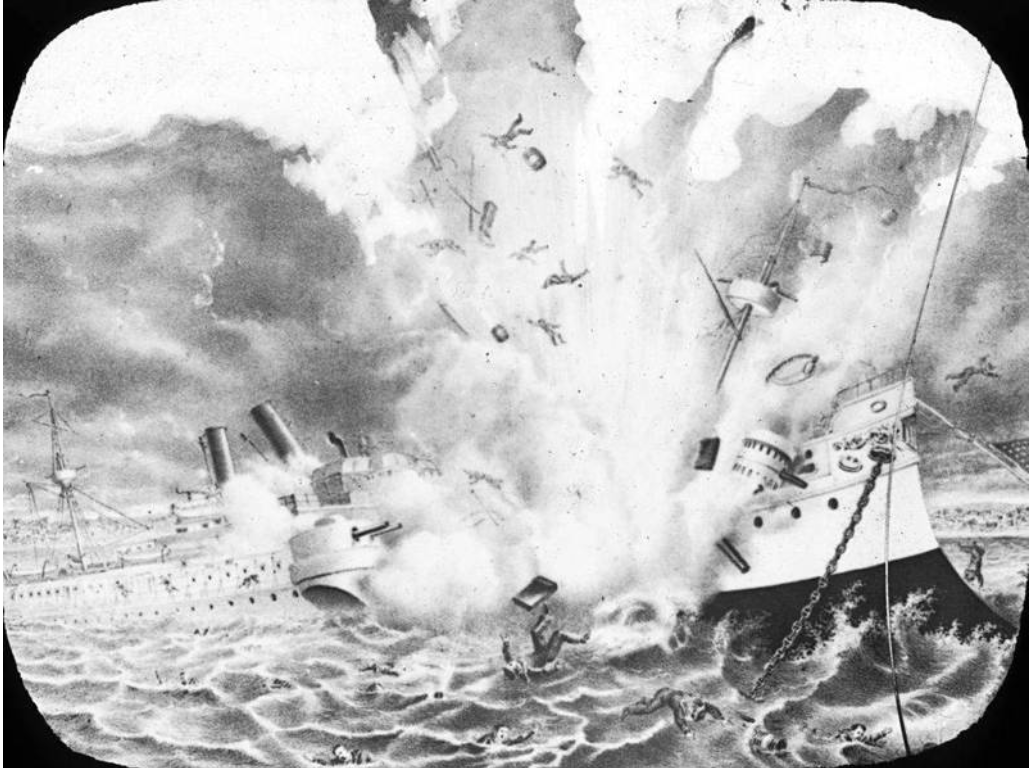 На этом предметном стекле изображена иллюстрация взрыва американского военного корабля «Мэн». Хотя во время инцидента не было сделано ни одной фотографии, это не помешало прессе заказать и опубликовать изображения, вдохновлённые драматическими свидетельствами очевидцев