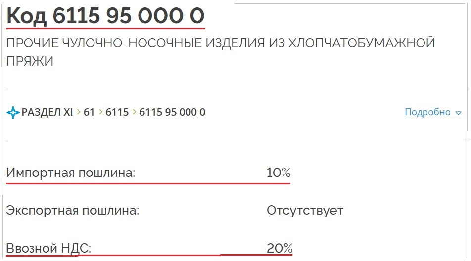 Пример определения таможенного НДС и ставки таможенной пошлины для чулочно-носочных товаров