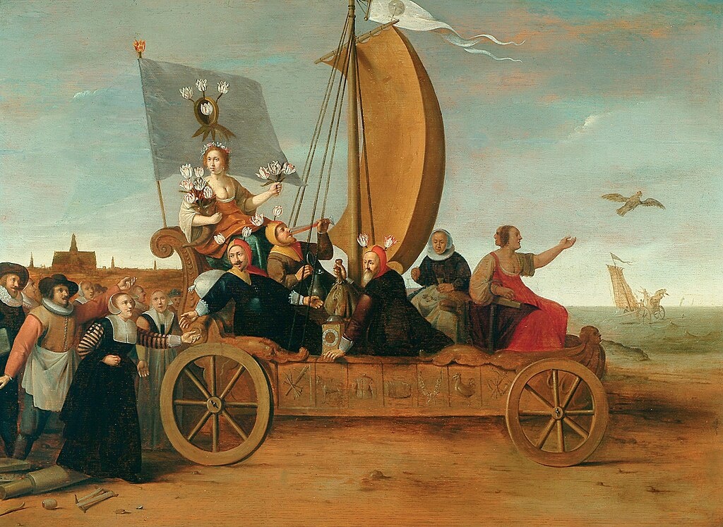 "Колесница Флоры", аллегорическая картина Гендрика Пота, около 1640 года — популярный лубочный сюжет, высмеивающий простаков-спекулянтов. Повозка с богиней цветов и её праздными спутниками в шутовских колпаках с тюльпанами вместо ушей катится под уклон в пучины моря. За ней бредут ремесленники, забросившие орудия своего труда в погоне за лёгкими деньгам.