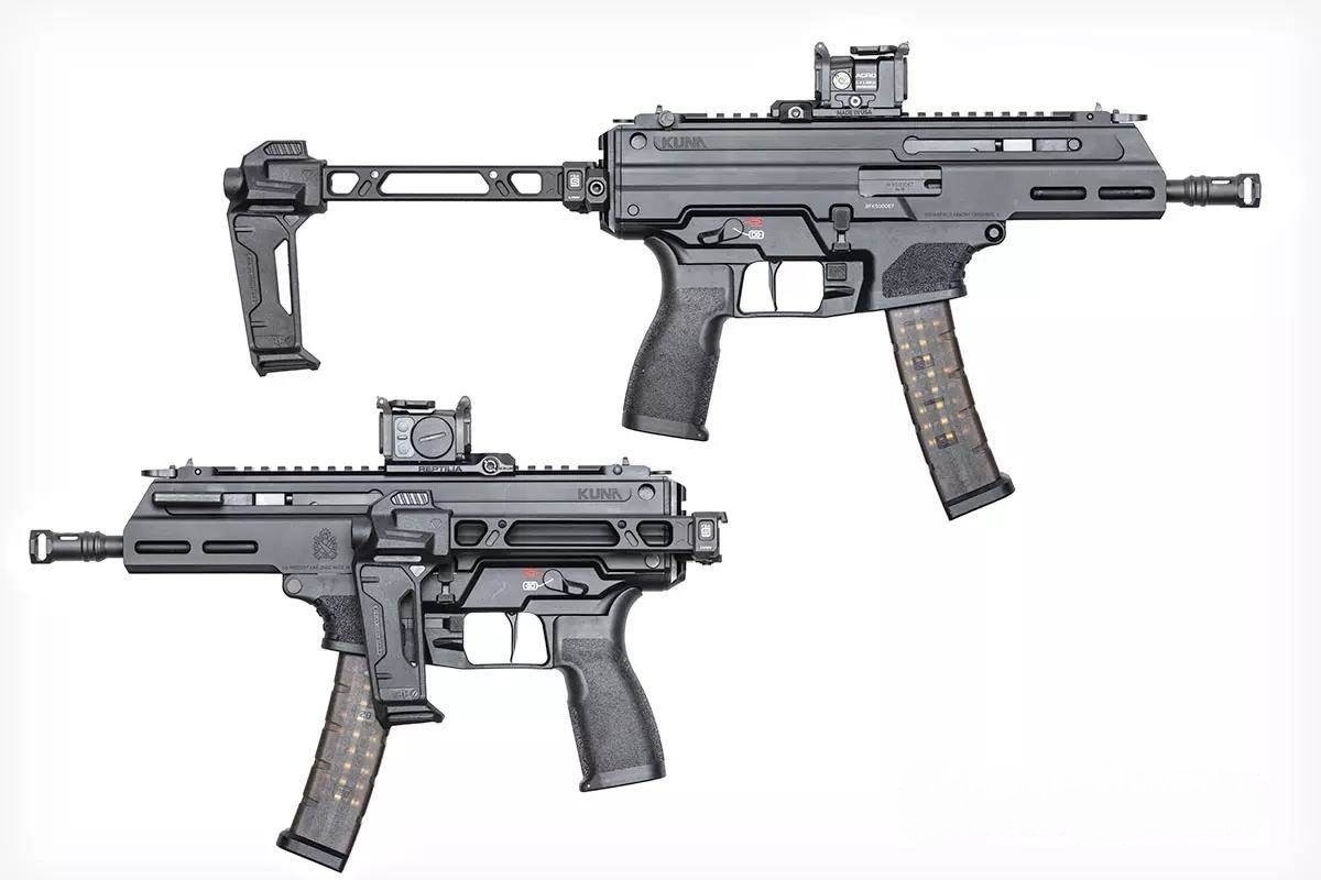 Пистолет Springfield Armory Kuna, стреляющий патронами 9 мм, может управляться как с обеих сторон, так и в обратном направлении. Его длина составляет 15 1/2 дюйма без дополнительного упора. А в сложенном состоянии он всего 16 1/4 дюйма.