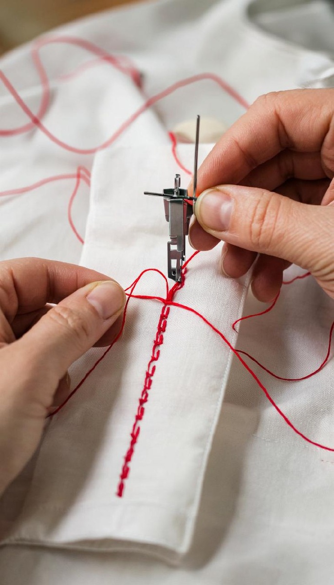 Пришить рукав красными нитками. Детальное фото.Изображение созданно с помощью Кандинский 4.1 