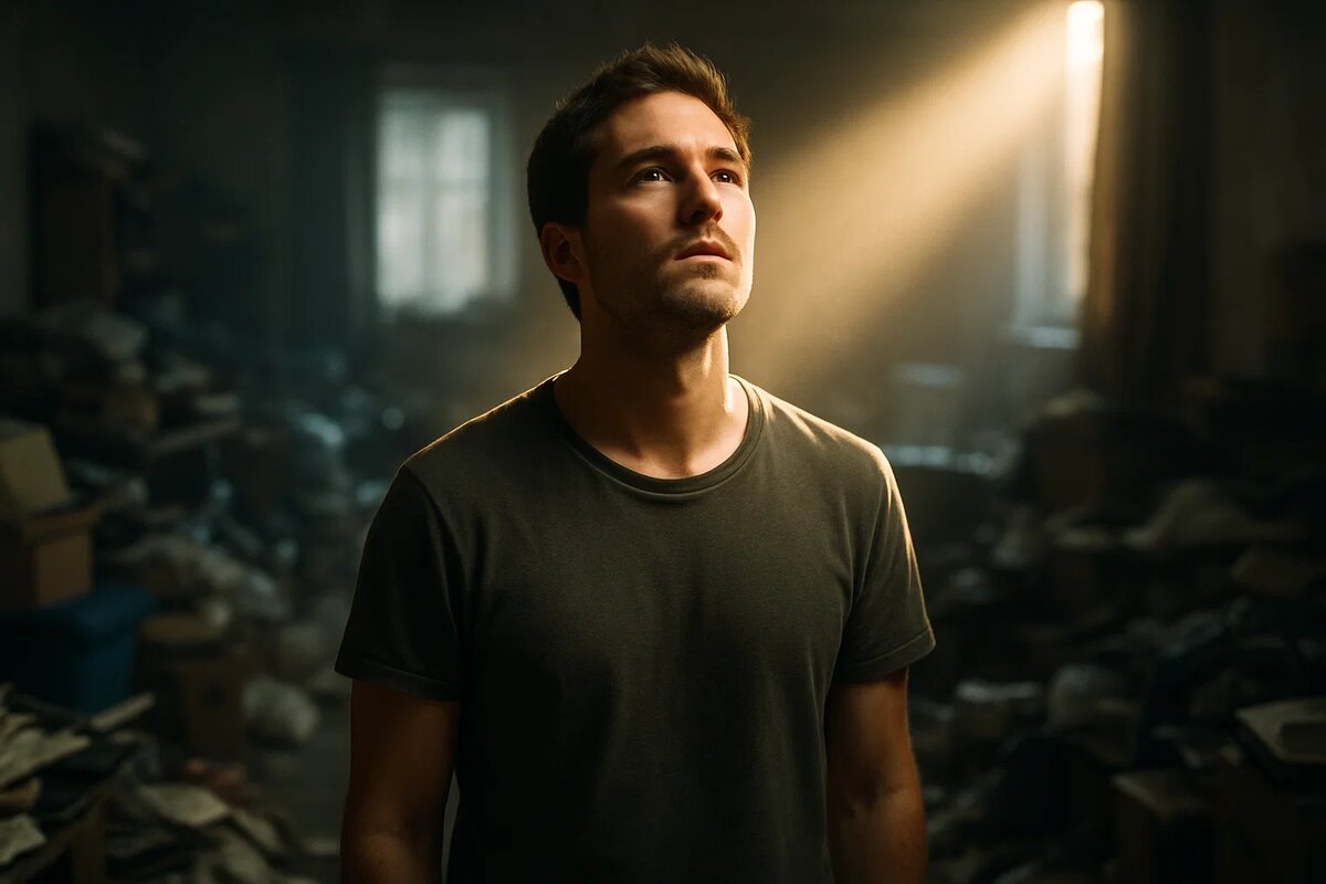 Молодой человек в захламленной квартире