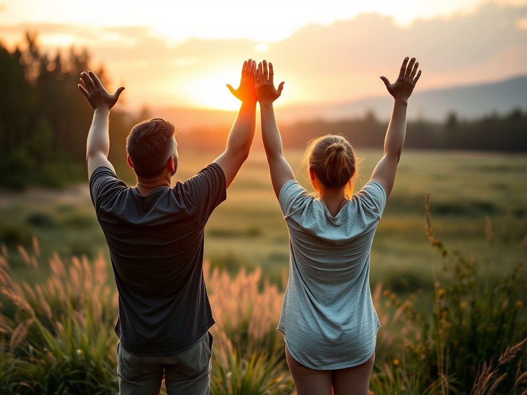 Энергичные люди встречают восход солнца — символ начала нового дня с высокой продуктивностью