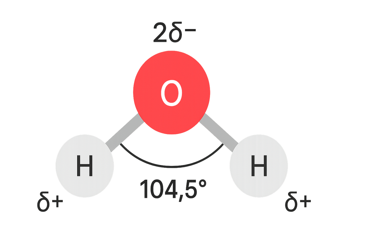 Иллюстрация молекулы воды. Красный шарик — атом кислорода. Серые шарики — атомы водорода. Символы δ+ и δ- указывают на избыточный положительный и отрицательный заряд соответственно.