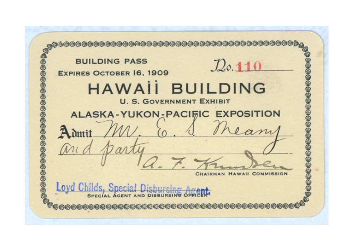 На территории Аляско-Юконско-Тихоокеанской выставки были собраны объекты, истории и представители народов со всех уголков американской империи. Этот билет давал право на вход в Гавайский павильон. Большинство построек выставки было снесено после 1909 года, но несколько зданий сохранились и сегодня входят в кампус Вашингтонского университета.