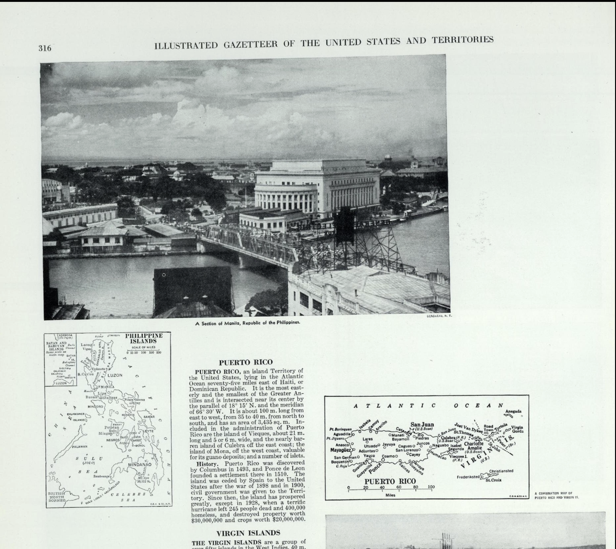 После Второй мировой войны Пуэрто-Рико сохранил статус содружества США. В этом иллюстрированном справочнике 1948 года представлена небольшая карта острова, про который говорится, что он «значительно процветал» с момента аннексии.