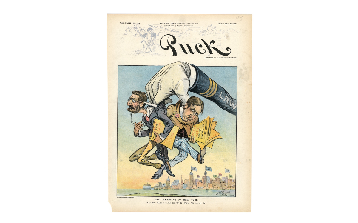 Иллюстрация на обложке сатирического журнала Puck изображает Джозефа Пулитцера (слева) и Уильяма Рэндольфа Хёрста (справа), которых «поднимает» белая перчатка закона. В их руках газеты с громкими заголовками: «грязь», «скандал», «ещё одно преступление». Подпись под рисунком гласит: «Очищая Нью-Йорк, почему бы не довести дело до конца?»