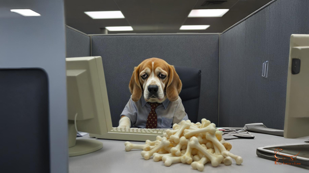 Сатирическая иллюстрация о потере мотивации у собак: бигль в образе уставшего офисного работника, метафора вреда от бессмысленных повторений в дрессировке. Фото: DogSelf.