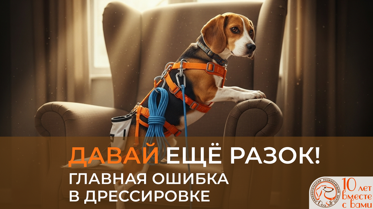 Юмористическая иллюстрация к статье о дрессировке: собака-альпинист в снаряжении героически покоряет высокое кресло, метафора преодоления и достижения сложного навыка. Фото: DogSelf.