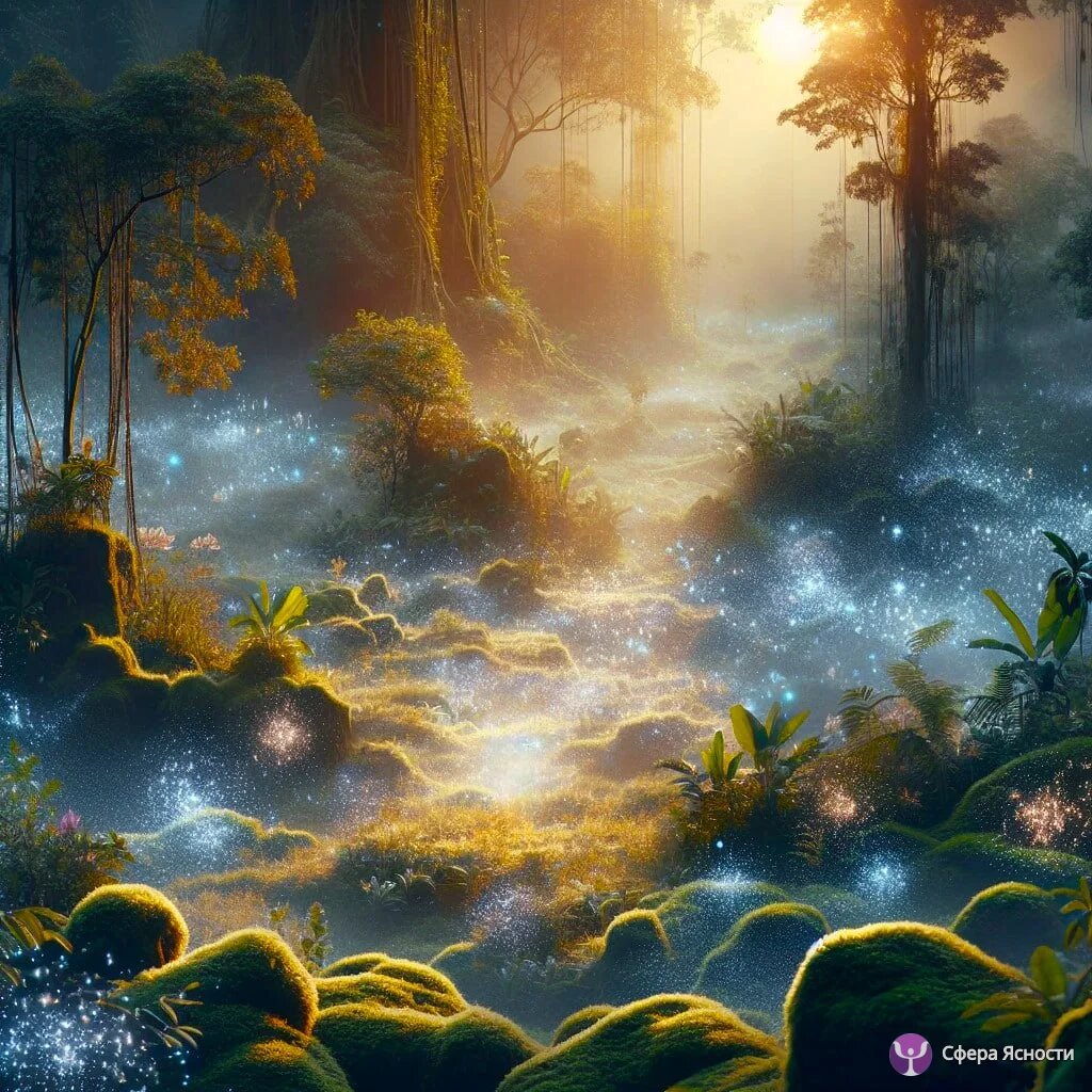 Моса, на тонком плане, как звездная роса. покрывающая все вокруг. ИИ Генерация: Савмея. Источник: https://sferayasnosti.site/gallery