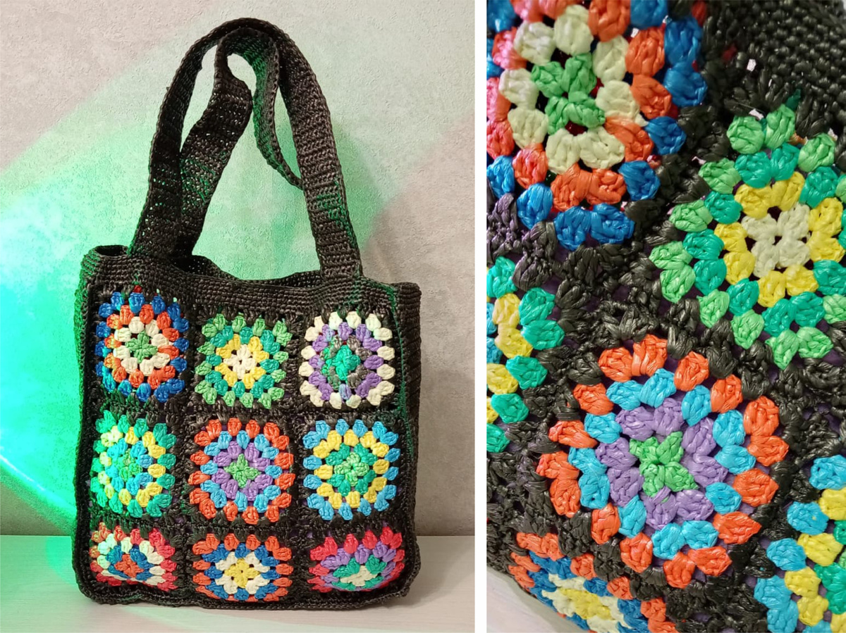 Фото автора. Еще одна сумочка в технике "бабушкин квадрат"- идеально для походов на пляж. 