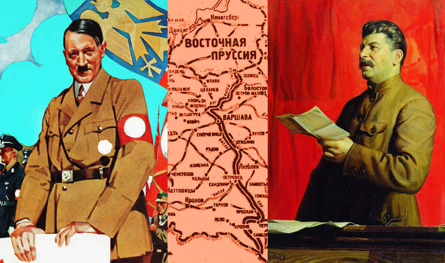 Авторский коллаж. В качестве исходных изображений использованы отредактированный плакат работы Людвига Хольвайна (1936 год), карта из ежедневного выпуска «Известий» от 18 сентября 1939 года, показывающая новую германо-польскую границу. и портрет И. В. Сталина работы художника И. Бродского (1933 год).
