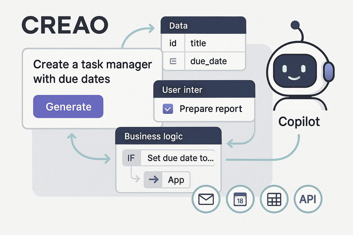 На картинке в стиле минималистичной инфографики показан принцип работы платформы Creao: из текстового запроса (“создать менеджер задач с дедлайнами”) автоматически формируются данные, пользовательский интерфейс и бизнес-логика. Справа изображён дружелюбный робот-ассистент Copilot, а внизу — иконки интеграций (почта, календарь, таблицы, API).