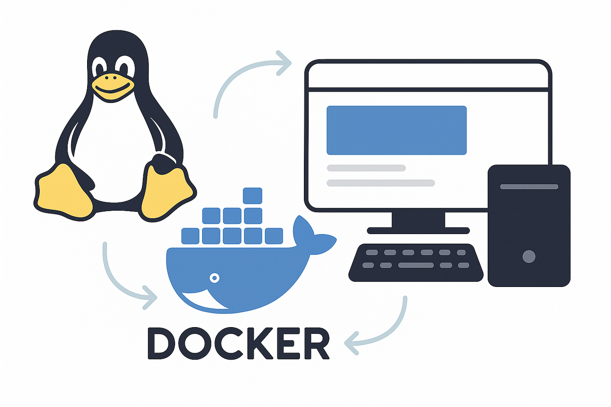 На картинке изображена схема: пингвин Tux (Linux) и логотип Docker, из которого выходит стрелка к компьютеру с рабочим столом. Иллюстрация символизирует запуск полноценного Linux-десктопа внутри контейнера Docker.