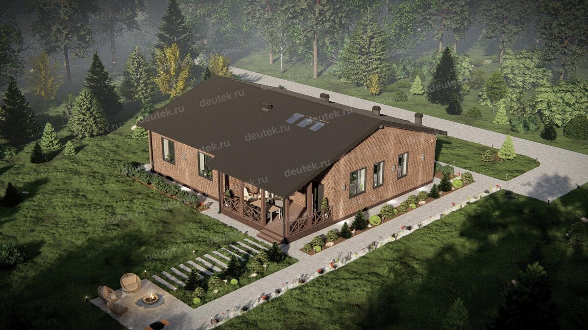 Проект одноэтажного дома 192 м2 с тремя спальнями, кабинетом и террасой