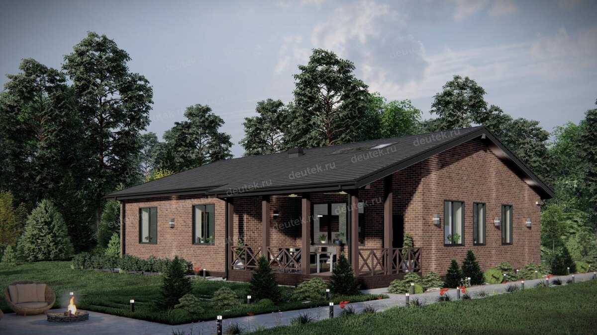 Проект одноэтажного дома 192 м2 с тремя спальнями, кабинетом и террасой