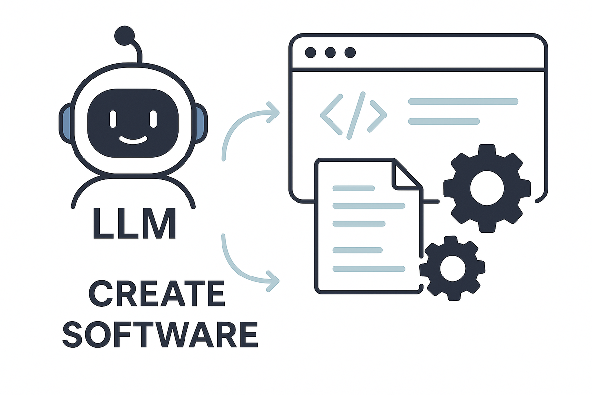 На картинке изображён дружелюбный робот-ассистент, символизирующий LLM-агента, который помогает создавать программное обеспечение. Справа показано окно с кодом, документ и шестерёнки, обозначающие процесс разработки и автоматизацию. Иллюстрация отражает использование ИИ для генерации кода и управления проектами.
