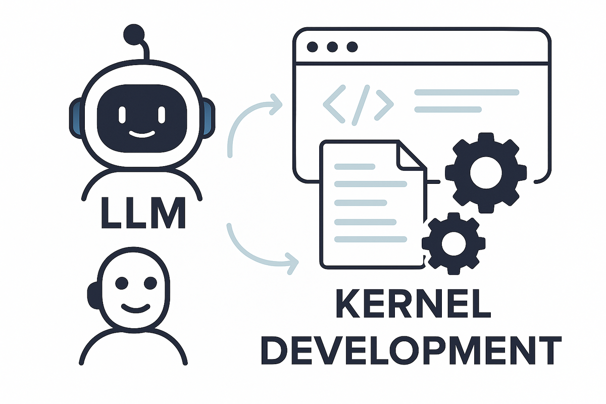 На картинке изображён дружелюбный робот-ассистент (LLM) и человек, которые совместно работают над разработкой ядра Linux. Справа показаны окно с кодом, документ и шестерёнки — символы программирования и системной разработки. Иллюстрация подчёркивает идею использования LLM-помощников для ускорения и упрощения процесса создания патчей ядра.