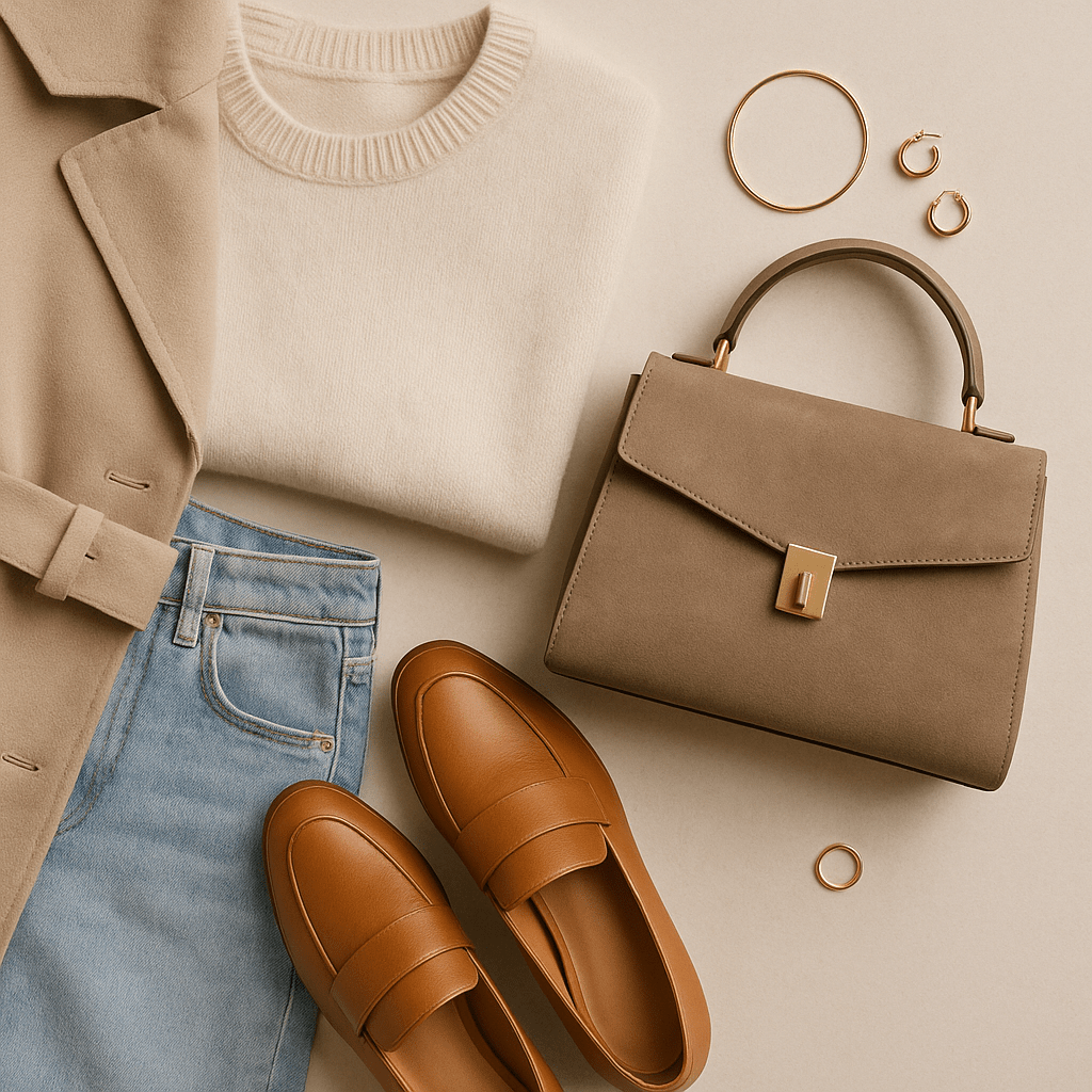 Карамельные лоферы и тауповая сумка. Молочный джемпер, светлый деним, бежевый тренч, золотые акценты. Матовые фактуры дают глубину и выглядят дороже.