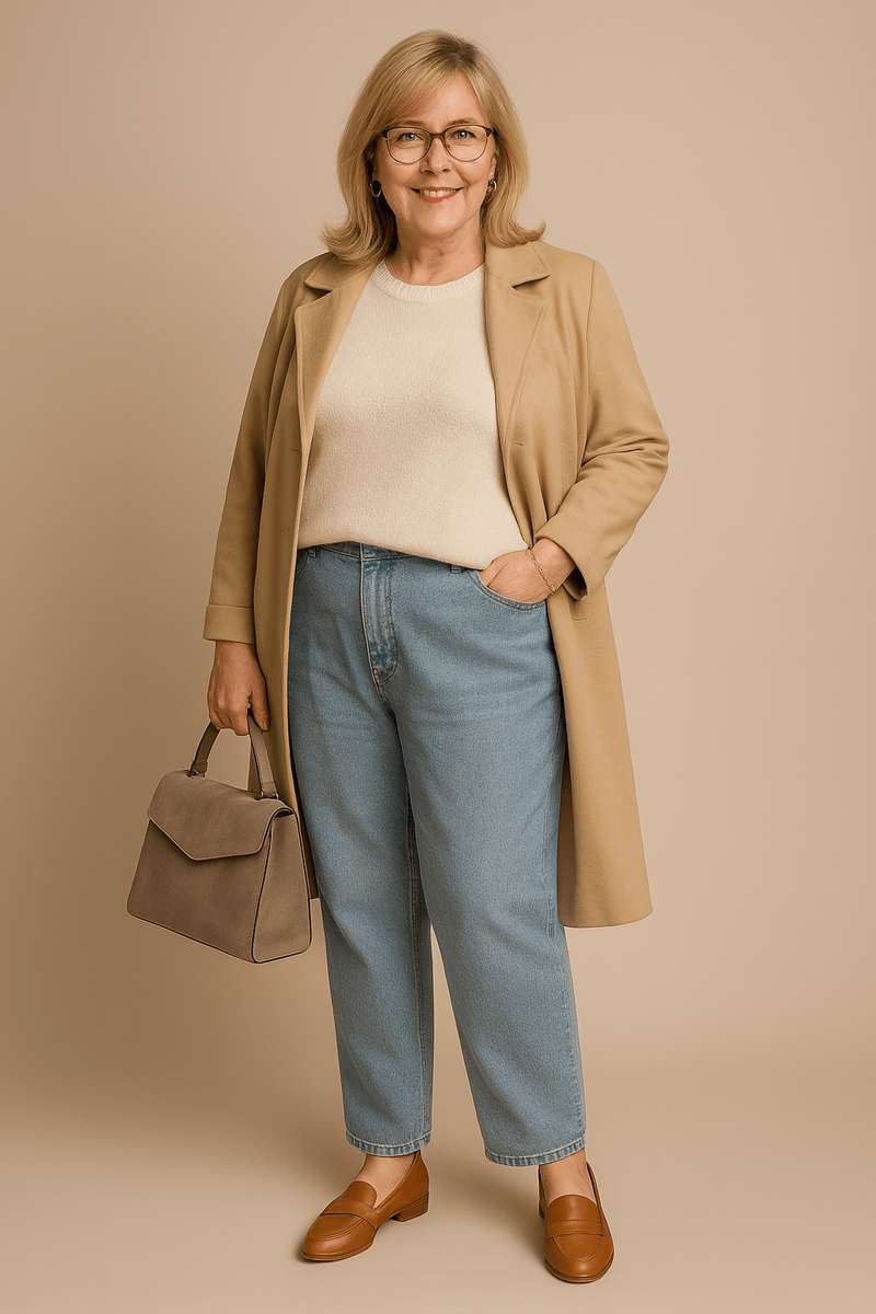 Полуприлегающий тренч и джемпер, свободный светлый деним, карамельные лоферы, сумка тауп. Тёплый разнотон без «набора». Избегайте лакированного блеска.