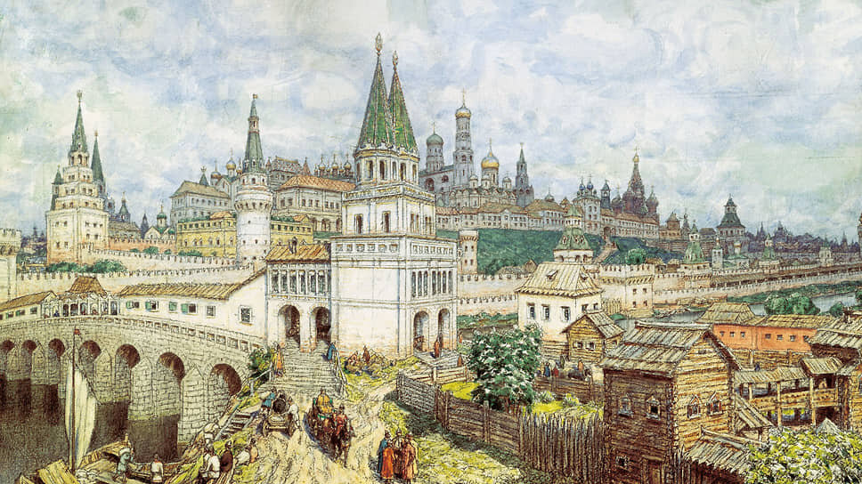Кремль не всегда был красным, а его башни не всегда обладали шатровыми кровлями (на рисунке А. Васнецова «Расцвет Кремля» -- вид центра Москвы в XVII веке).📷Фото: А. М. Васнецов «Расцвет Кремля. Мост Всех Святых и Кремль в конце XVII века». 1922 / Музей Москвы .