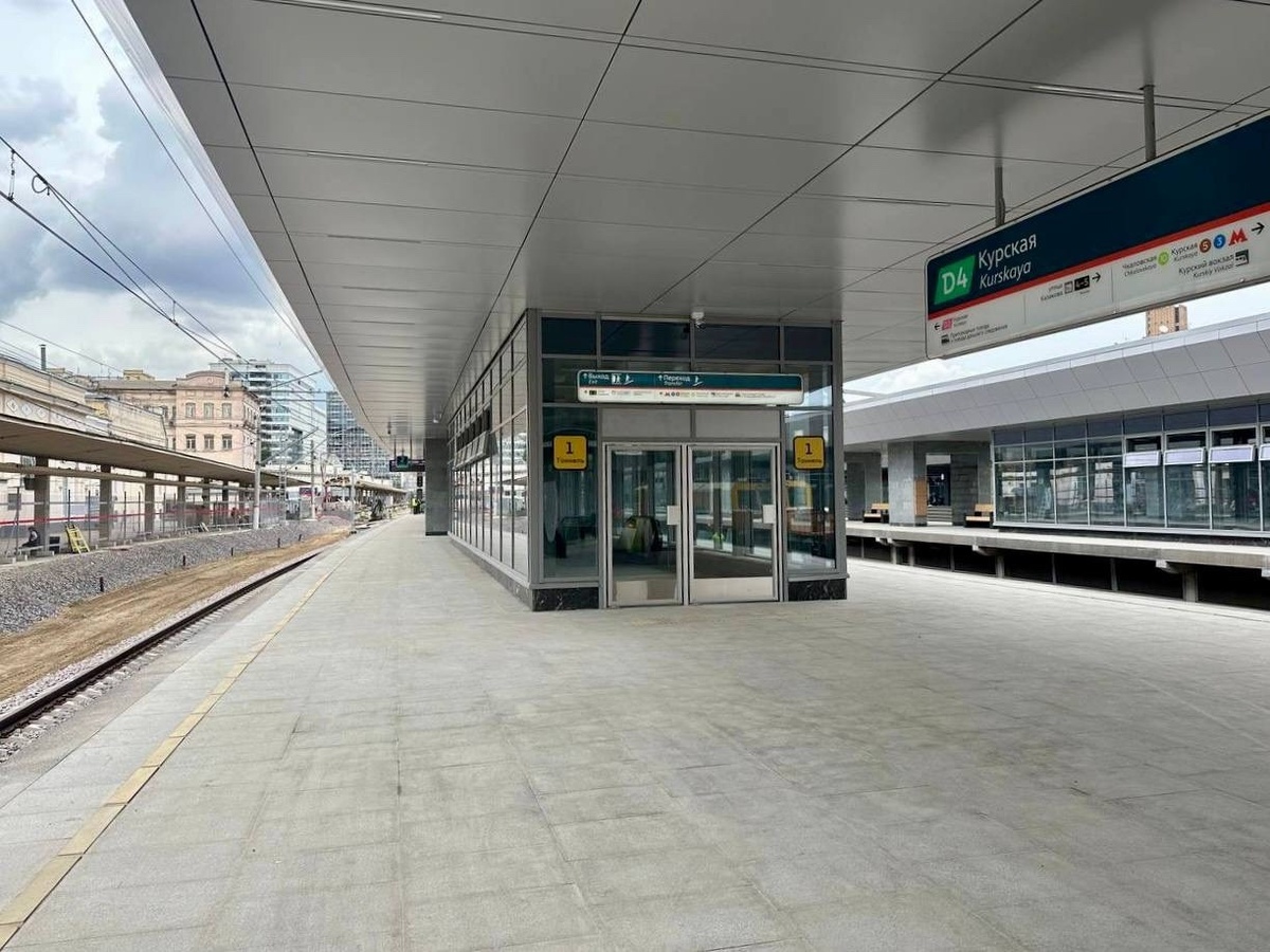 📷 1.1: Островная платформа № 2: вход со стороны тоннеля, стеклянные двери, указатели D4 «Курская».