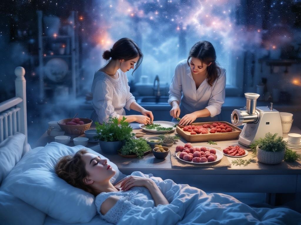    К чему такое снится: Две женщины стоят на кухне: одна из них режет травы, вторая лепит шарики из мяса. На столе мясорубка, тарелка с подготовленными мясными шариками и различные травы.