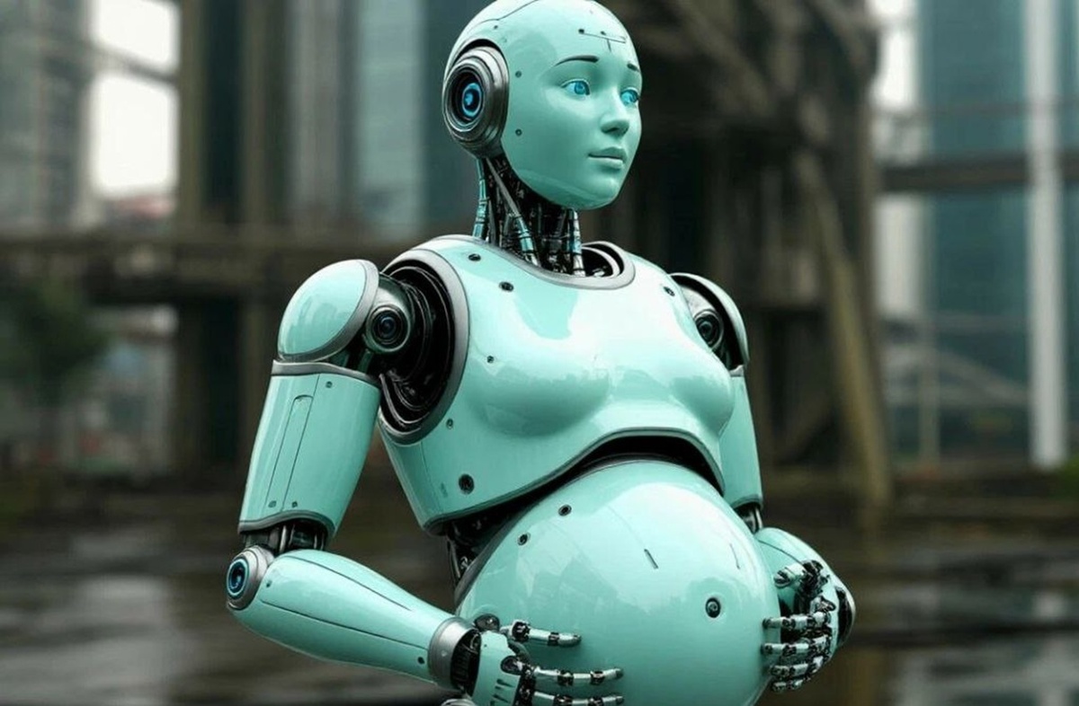 Так видит беременного робота-гуманоида Андроида (который может выносить и родить человеческого ребенка), нейросеть "Шедеврум".