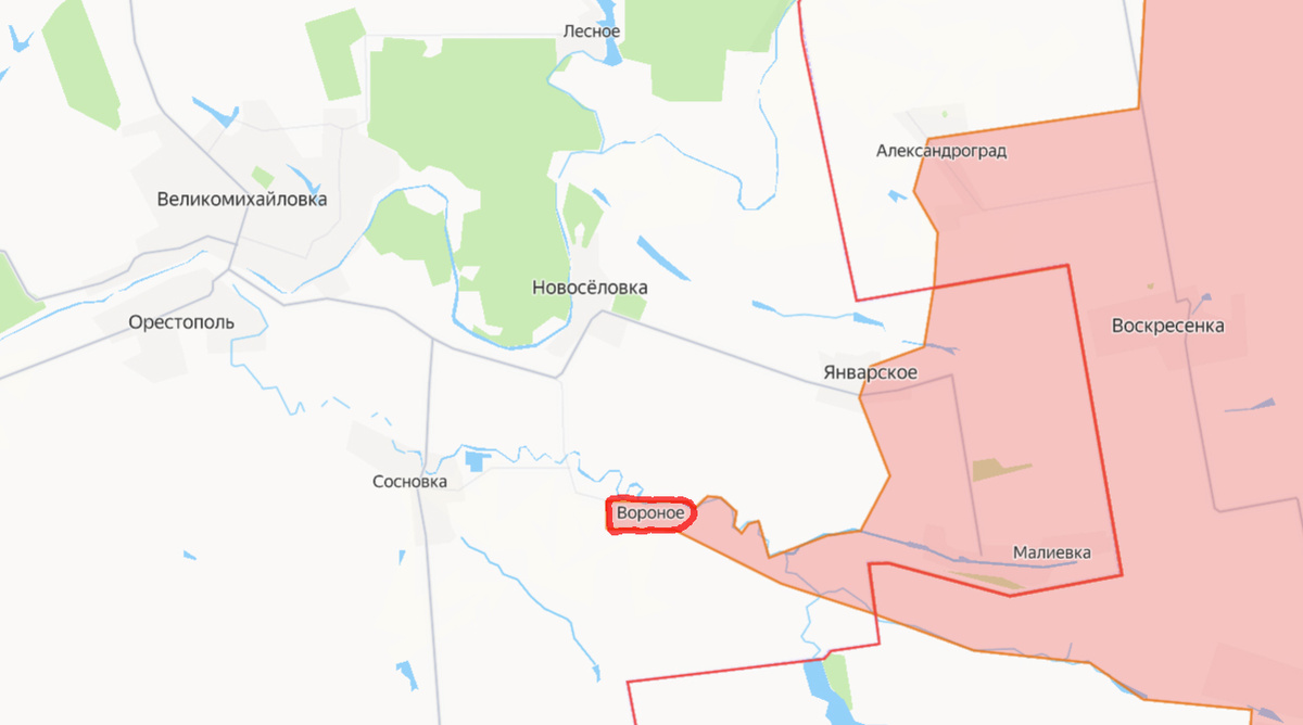Красным контуром - освобождённое село Вороное