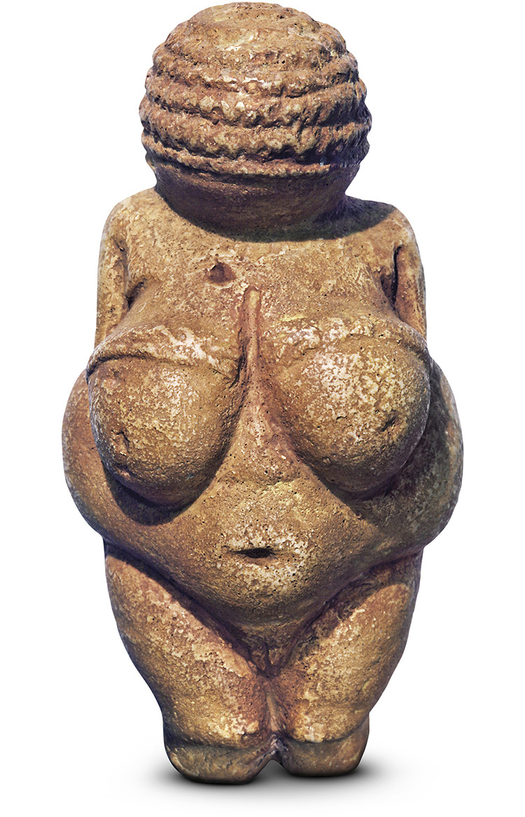 Венера Виллендорфская. Полные женские статуэтки, которые когда-то ассоциировались с плодородием, могут изображать деревенских старейшин, а их размер говорит о статусе. Этот знаменитый образец был обнаружен в Австрии. Он бы создан в 28 000-25 000 годах до нашей эры.