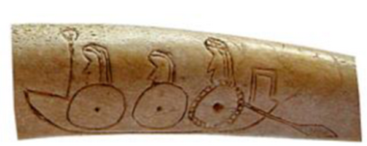 Славянская ладейная дружина. Воин поднимает перед тюркским предводителем весло как символ готовности к битве. Кость. Болгария. Предположительно, конец VII века.