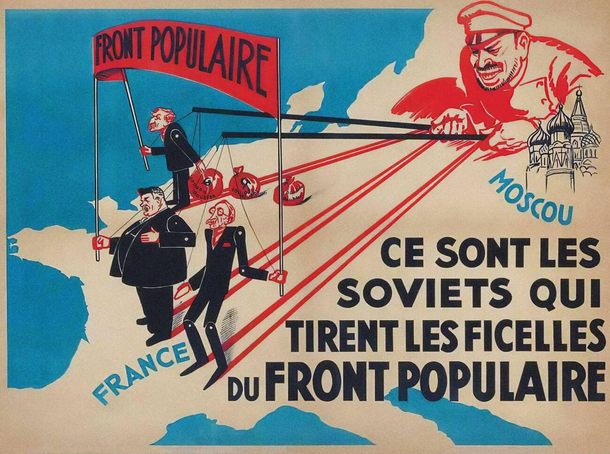 Пропагандистский плакат: «Советский кукловод» держит под контролем представителей Народного фронта, 1936 год