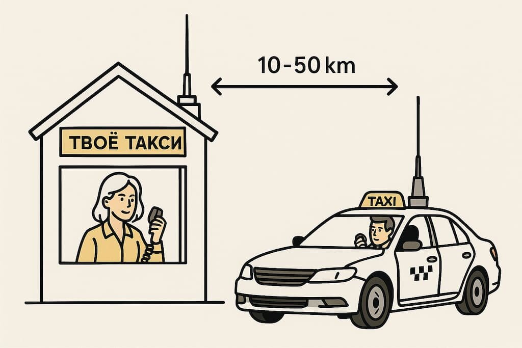  Стационарная антенна
            диспетчерской и автомобильная антенна обеспечивают связь на
            дистанциях 10–50 км.