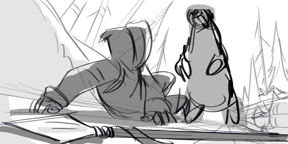 Несмотря на то, что это набросок, благодаря ракурсу и позам героев мы уже считываем контекст. Вероятно, персонаж выронил оружие и пытался за ним потянутся, но его оппонент уже был за спиной, и герой не успел. На рисунке уже чувствуется паника и адреналин, напряжение между персонажами. Источник: https://www.pinterest.com/pin/914862417235232/