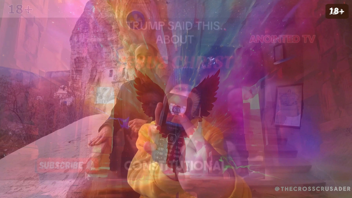 В кадре демонстрируется ключевое число 16:08 на фоне христианского монастыря и надписей о Трампе и Христе ("Трамп сказал это об Иисусе Христе")