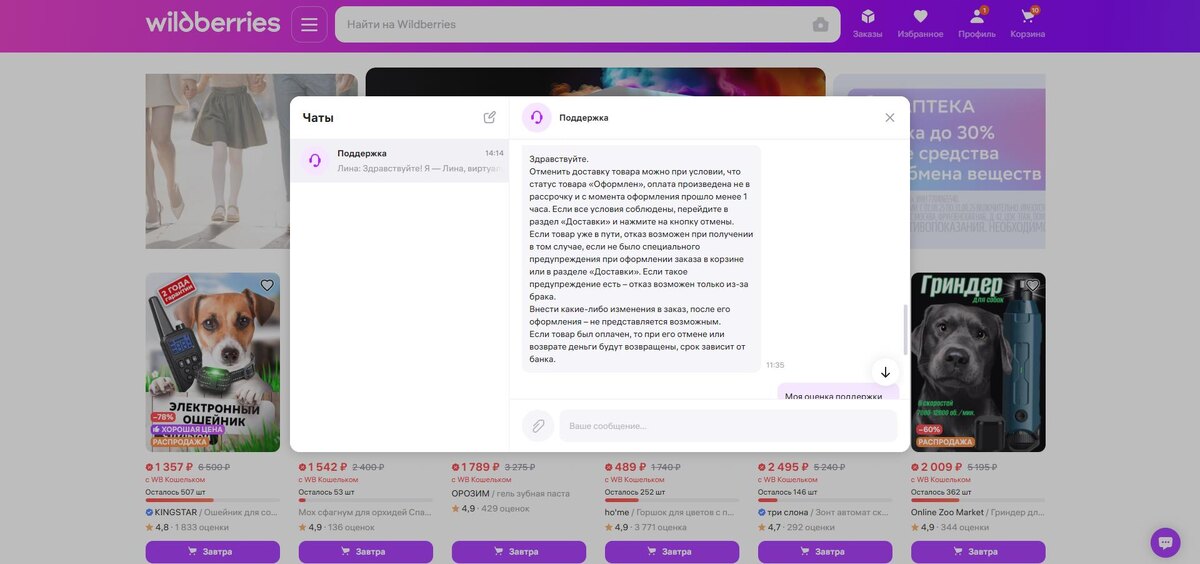 Время ответа якобы реального оператора: 11:35. Следующего дня.