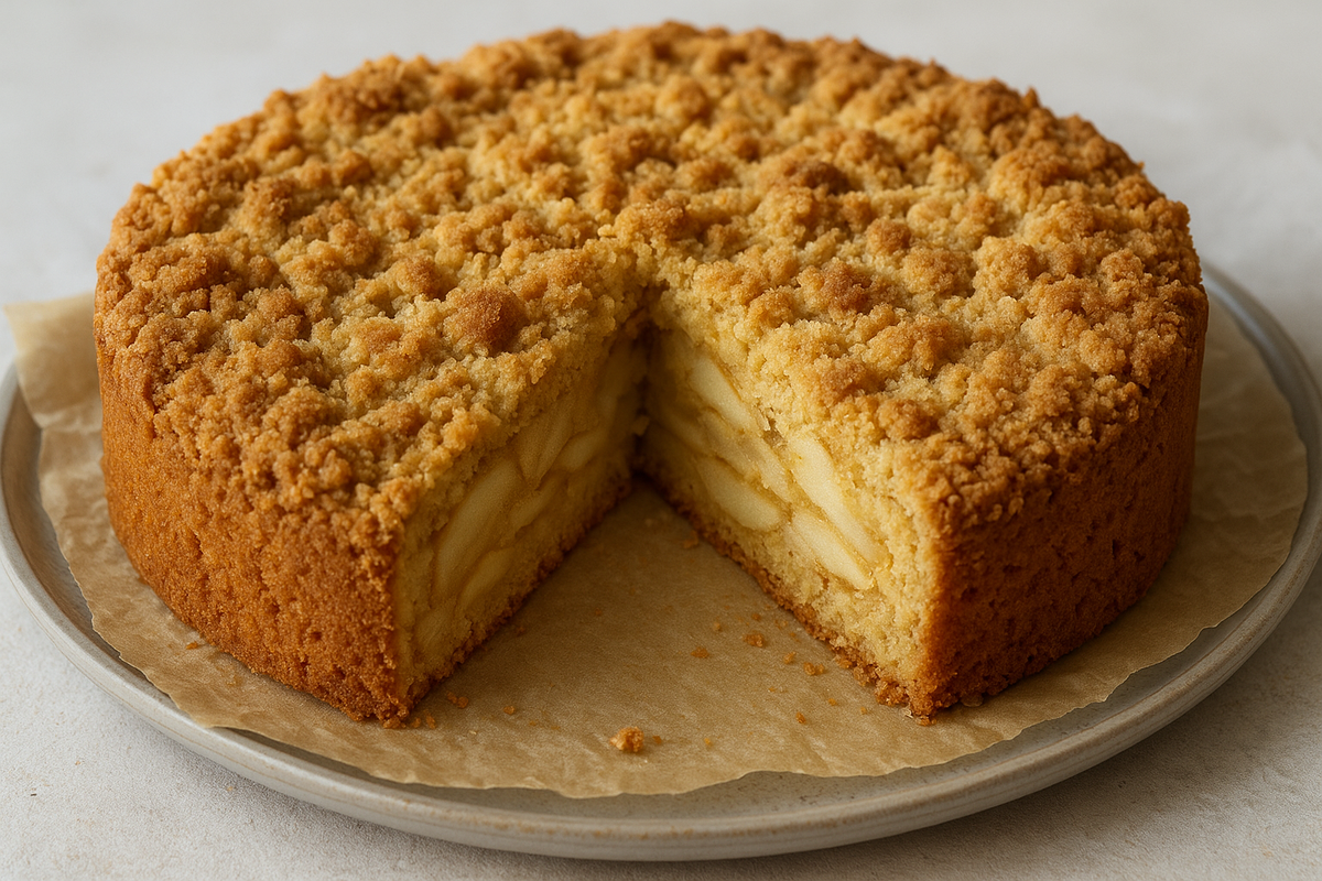 На песочном тесте корж получается не воздушный, как у классической шарлотки, а более рассыпчатый и насыщенный, с песочным вкусом, но за счёт греческого йогурта/масла остаётся мягким.