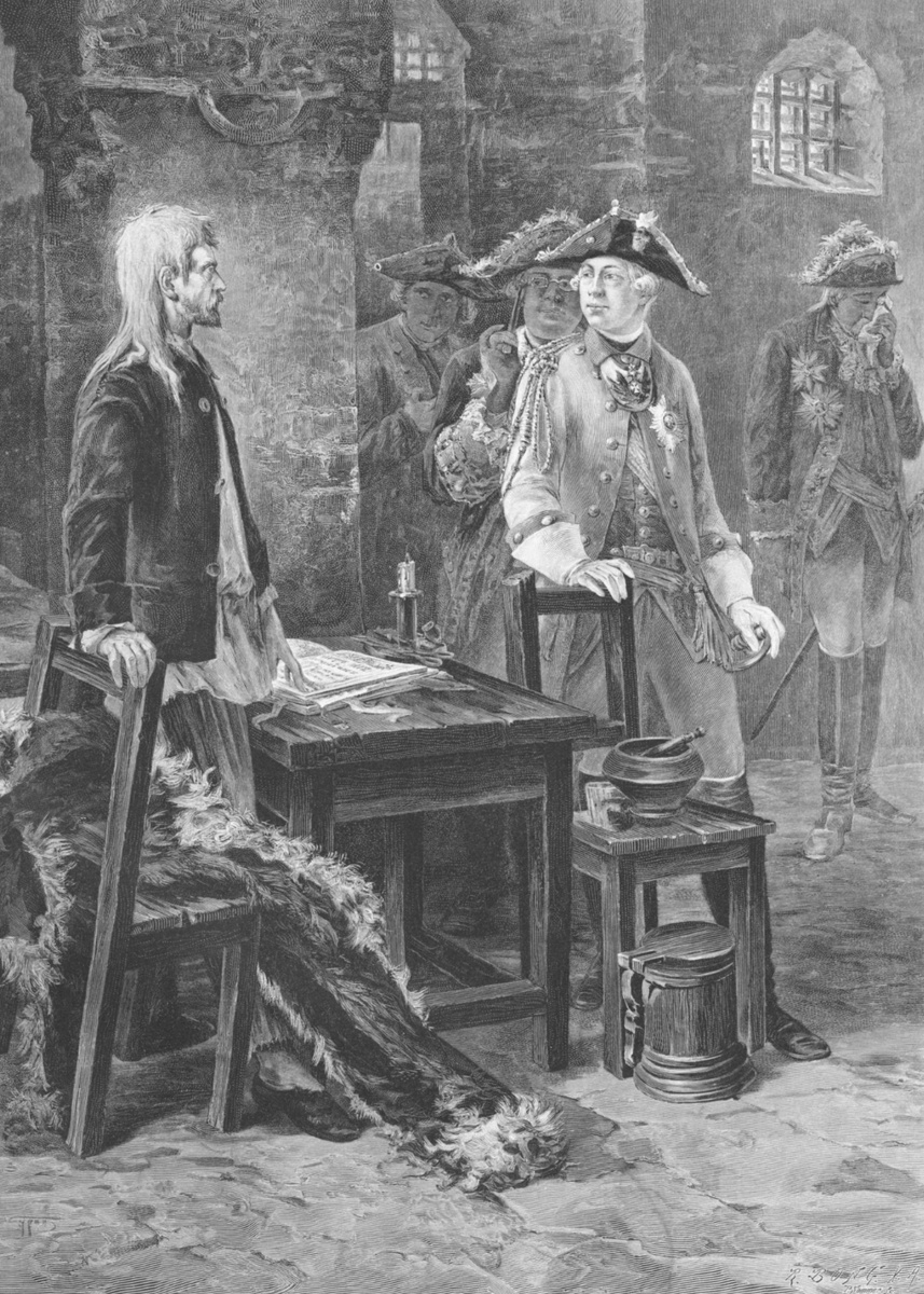 Пётр III (справа) посещает Иоанна Антоновича (слева) в Шлиссельбургской крепости. Иллюстрация из немецкого журнала начала 20-го века "Moderne Kunst")