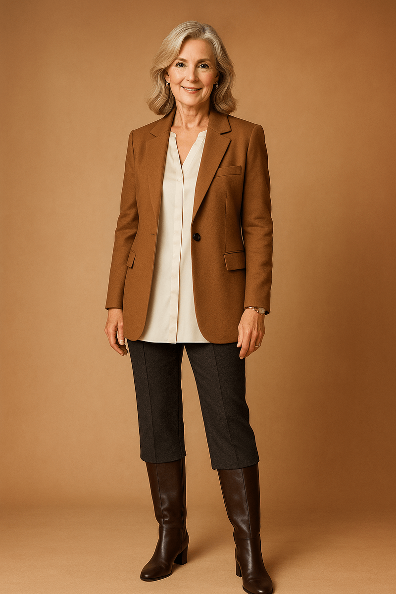 Капри из плотной ткани до середины икры, удлинённая блуза и структурный блейзер. Высокие сапоги закрывают разрыв, силуэт читается стройно.