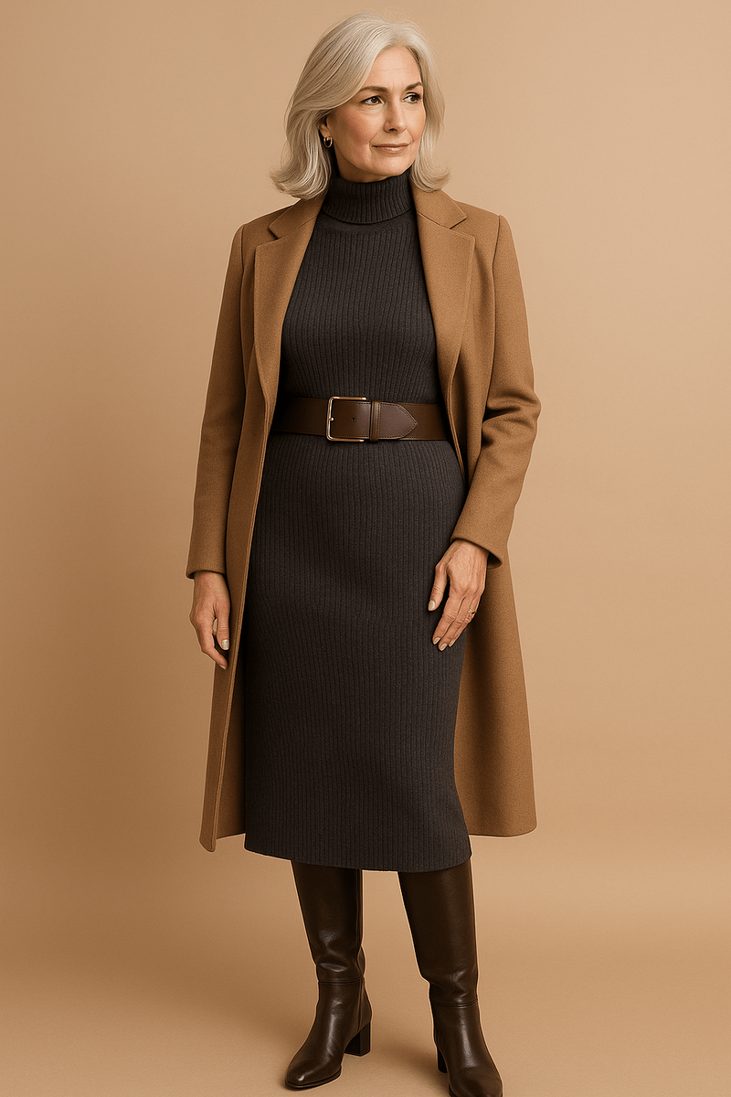 Платье труба из ребристого трикотажа, ремень 4–6 см в тон, сверху гладкое пальто. Талия на естественном уровне, пропорции вытянуты.
