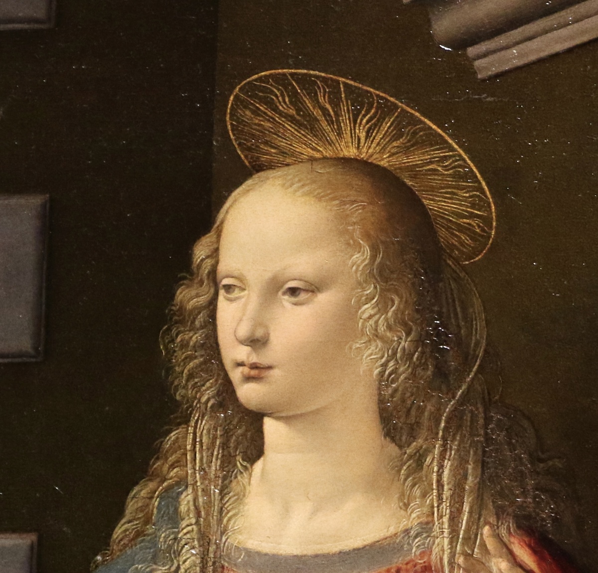 Леонардо да Винчи. «Благовещение». Фрагмент. 1472—1475гг. Дерево, масло. 98 × 217 см. Уффици, Флоренция, Италия. 